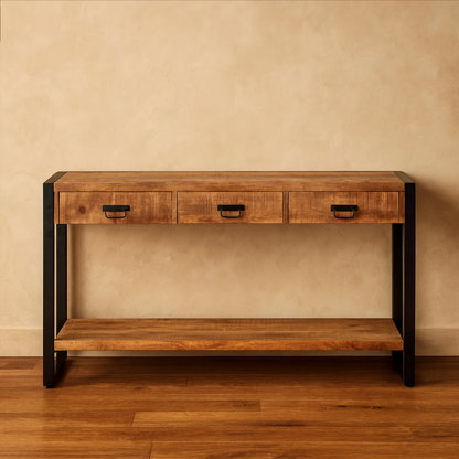 Sidetable met lades en zwarte handgrepen | Mangohout en Staal | 150x35x76cm