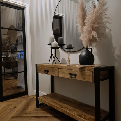 Sidetable met twee lades | 120 x 35 x 76 cm | Mangohout - Industrieelinhuis.nl