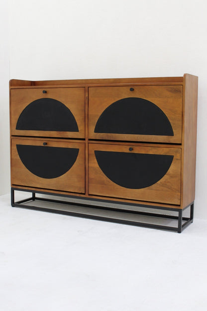 Smalle Schoenenkast van Mangohout en Staal – 140×30×100 cm – 4 Deuren – Duurzaam Industrieel Design - Industrieelinhuis.nl