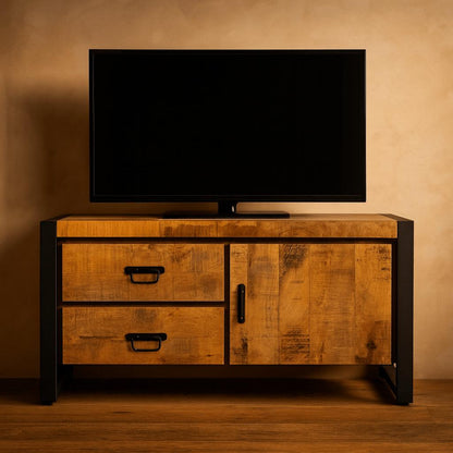 Britt 1-deur 2-laden TV-Meubel Mangohout en Staal - Industrieelinhuis.nl