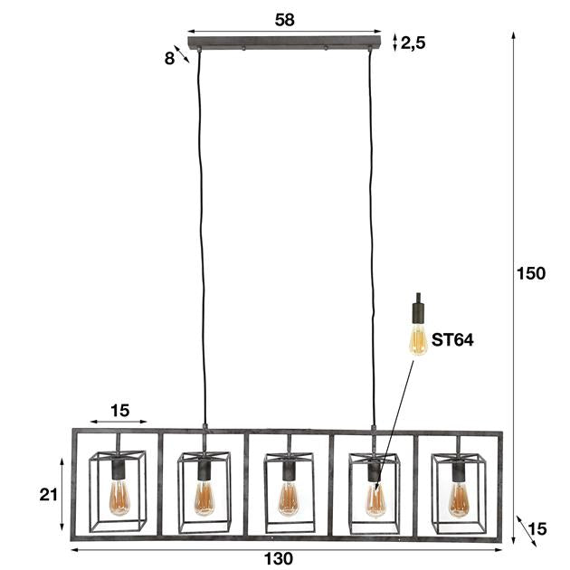 Hanglamp Kubus toren Oud zilver 5 lichtpunten - Industrieelinhuis.nl