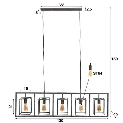 Hanglamp Kubus toren Oud zilver 5 lichtpunten - Industrieelinhuis.nl