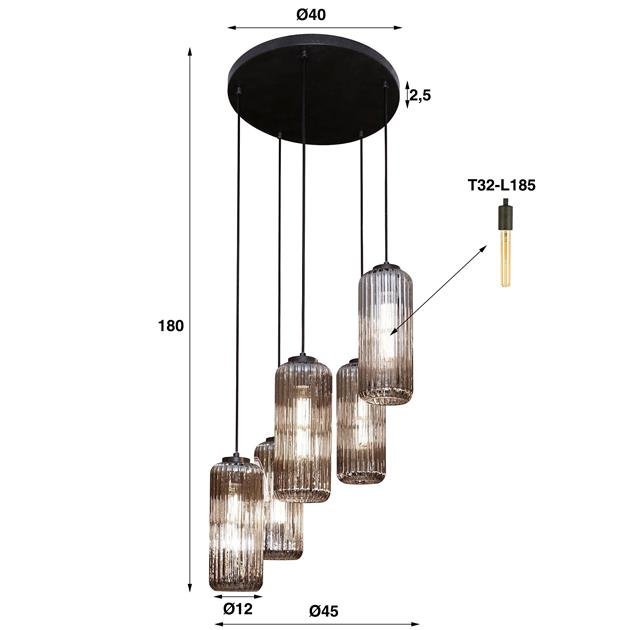 Hanglamp Ruby getrapt Rookglas 5 lichtpunten - Industrieelinhuis.nl