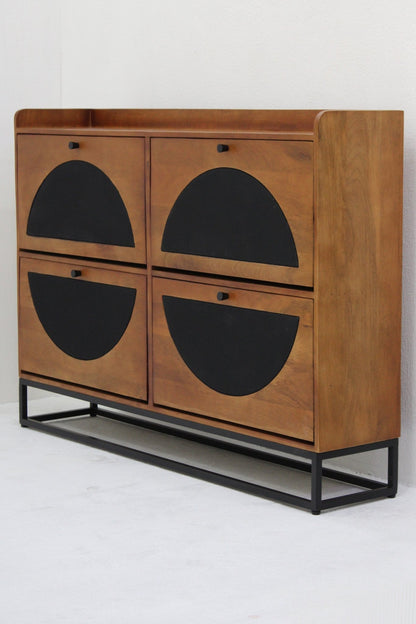 Smalle Schoenenkast van Mangohout en Staal – 140×30×100 cm – 4 Deuren – Duurzaam Industrieel Design - Industrieelinhuis.nl