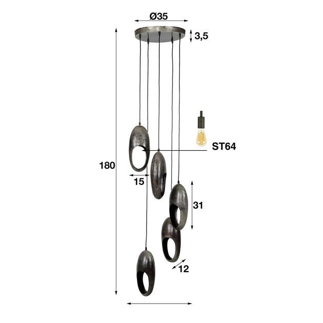 Hanglamp Yuca getrapt Oud zilver 5 lichtpunten - Industrieelinhuis.nl