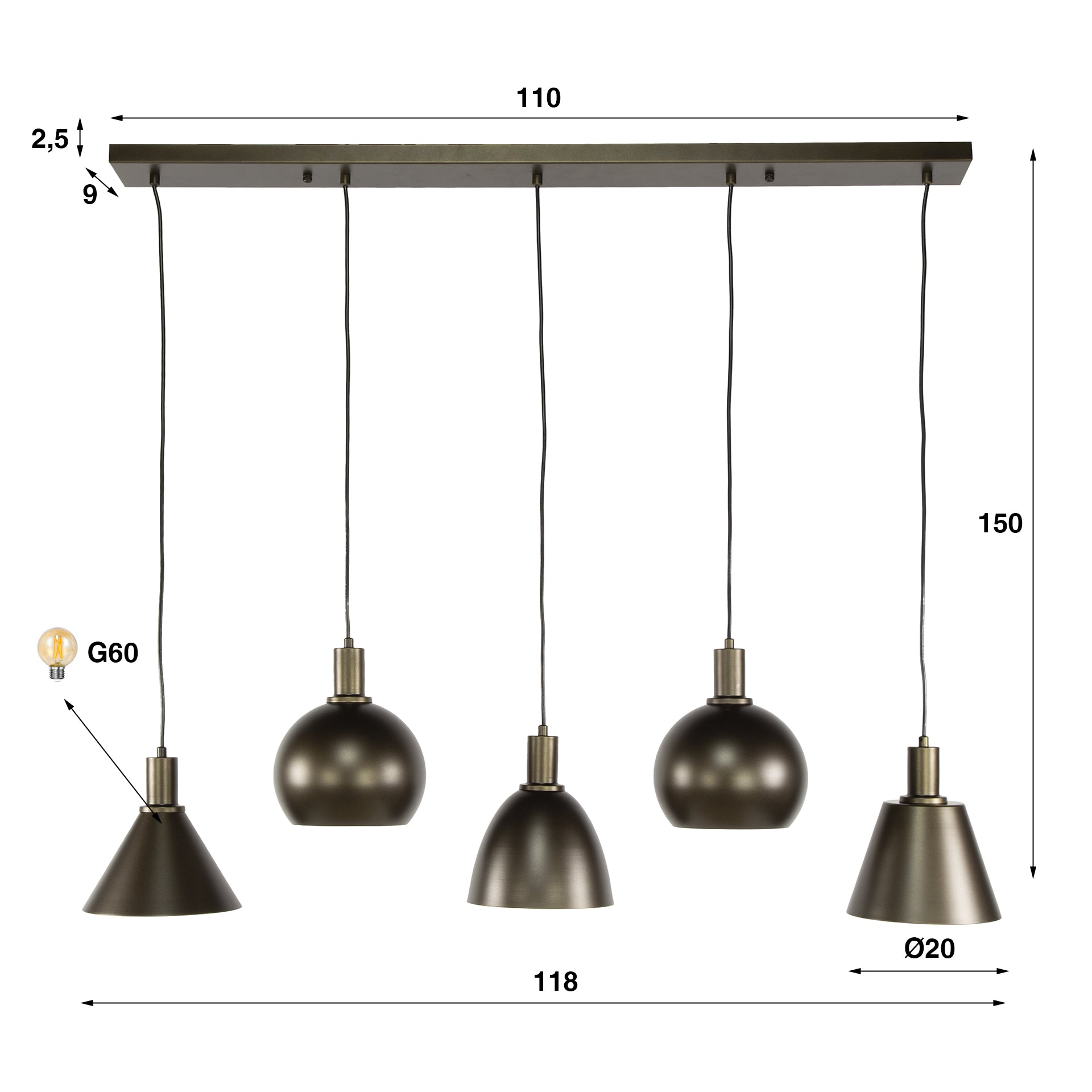 Hanglamp 5L Stellaro Donkerbruin