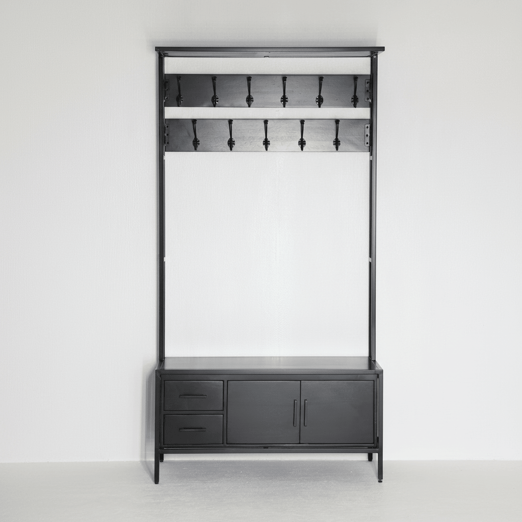 Britt Garderobe XL Zwart – Massief Mangohout &amp; Staal | 100 × 40 × 190 cm