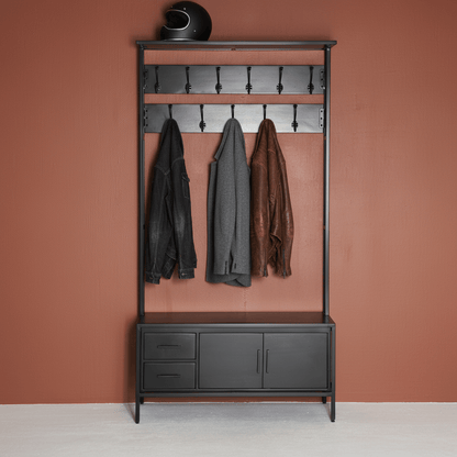 Britt Garderobe XL Zwart – Massief Mangohout &amp; Staal | 100 × 40 × 190 cm