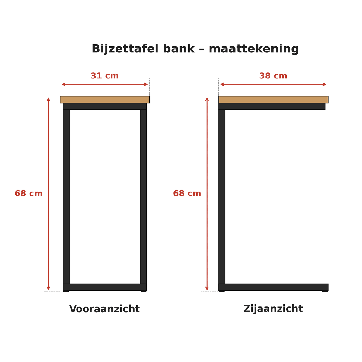 Bijzettafel bank | Set van 2 | Mangohout en Staal | 38x31x68cm