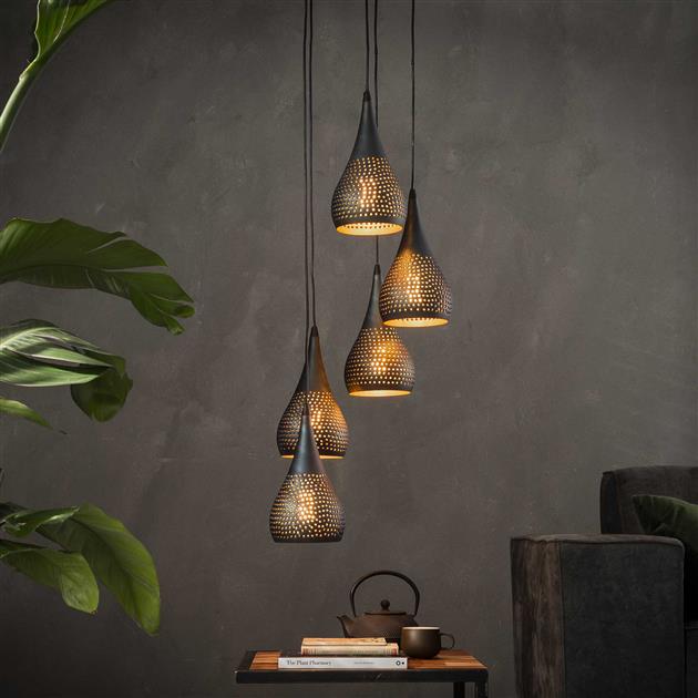 Hanglamp set van 5 Mira DropsTier Zwart Bruin Ø15 cm - Industrieelinhuis.nl