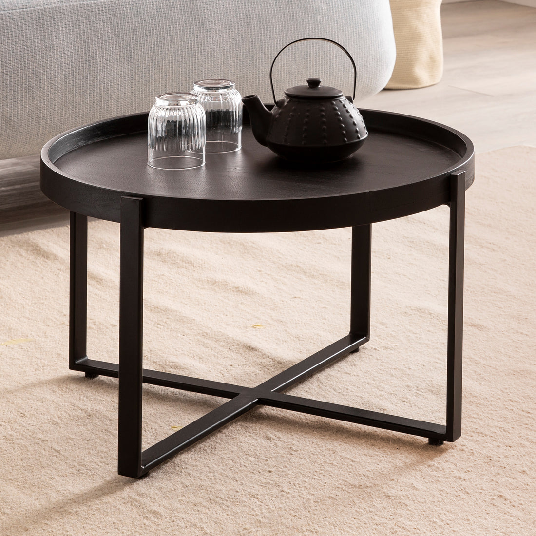 salontafel massief hout zwart 60x60x35cm woonkamertafel rond