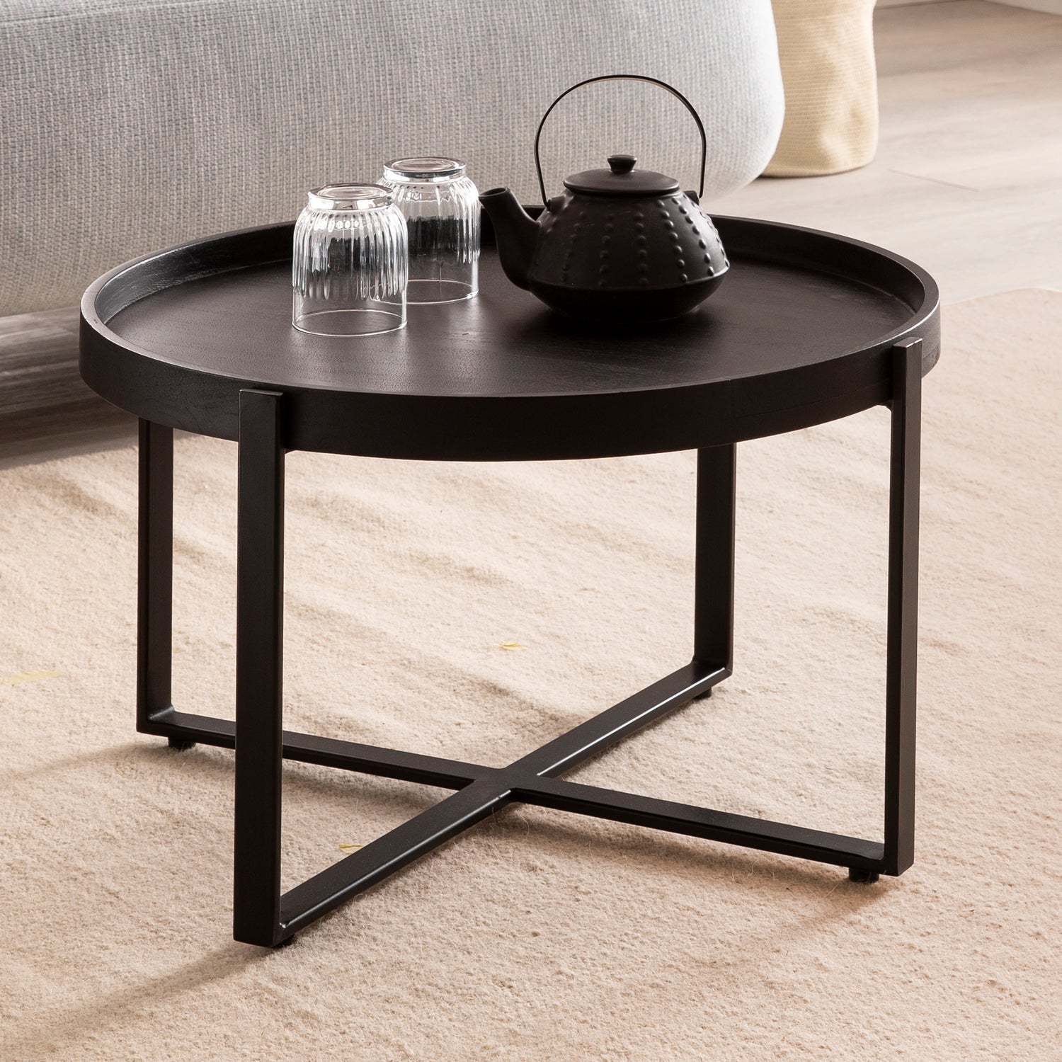 salontafel massief hout zwart 60x60x35cm woonkamertafel rond