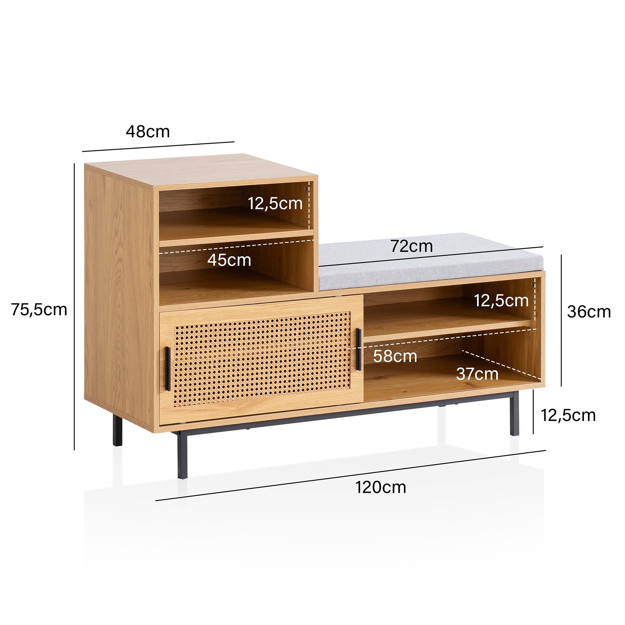 Schoenenbank met opbergruimte | 120 x 40 x 75,5 cm | Eikenlook melamine - Industrieelinhuis.nl