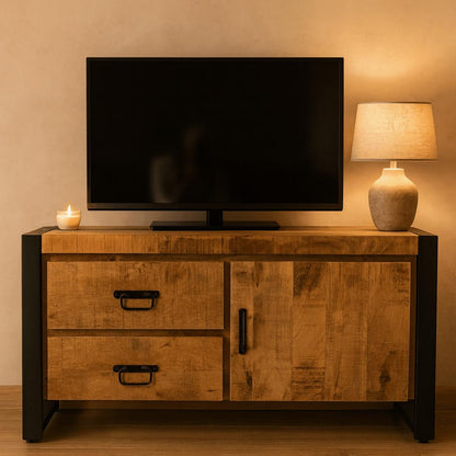 Britt 1-deur 2-laden TV-Meubel Mangohout en Staal - Industrieelinhuis.nl