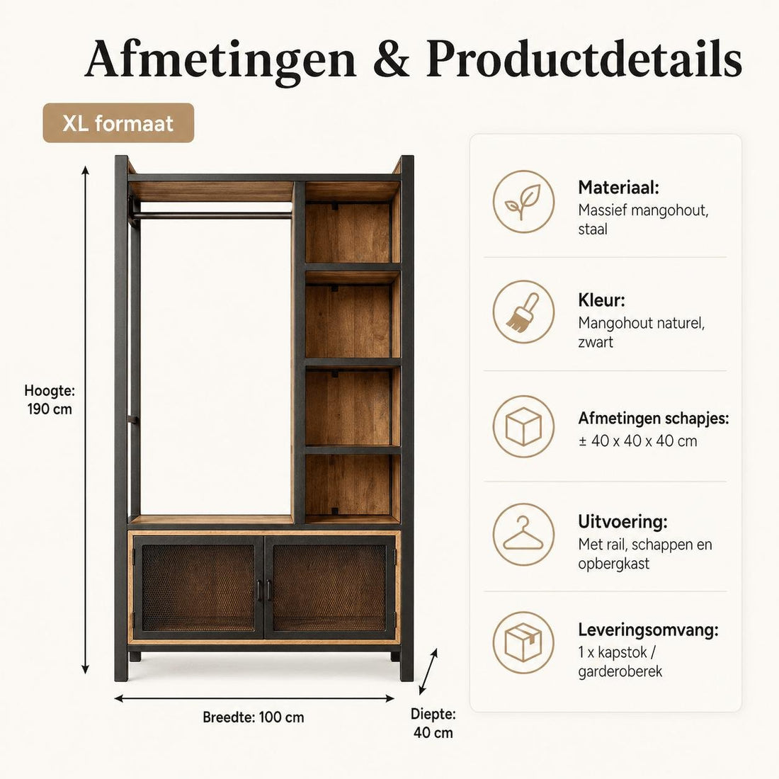 Garderoberek met rail en schappen Industrieel Design | Mangohout en Staal | 100x40x190cm - Industrieelinhuis.nl