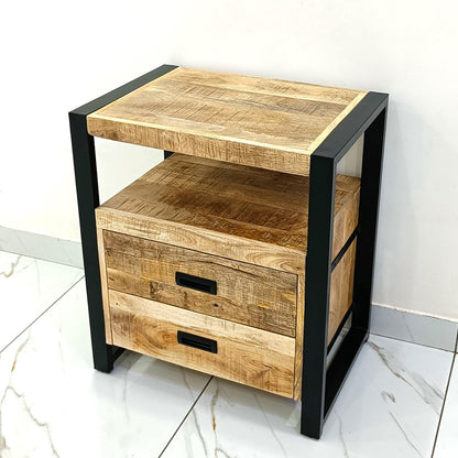 Industrieel Kastje van Mangohout met 2 Lades – Staal &amp; Massief Hout | 75x65x45 cm