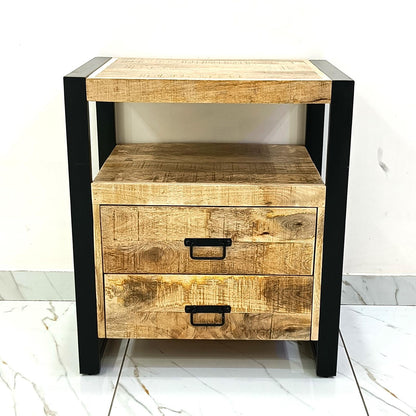 Industrieel Mangohouten Kastje met Stalen Frame – Compact, Stoer &amp; Stijlvol (2 Lades)