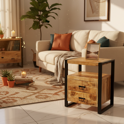 Industrieel Mangohouten Kastje met Stalen Frame – Compact, Stoer &amp; Stijlvol (2 Lades)