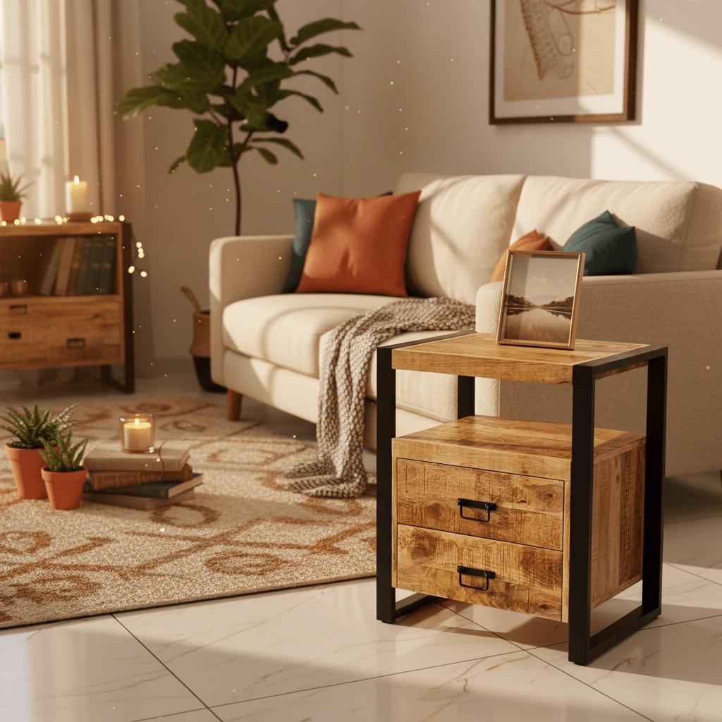 Industrieel Mangohouten Kastje met Stalen Frame – Compact, Stoer &amp; Stijlvol (2 Lades)