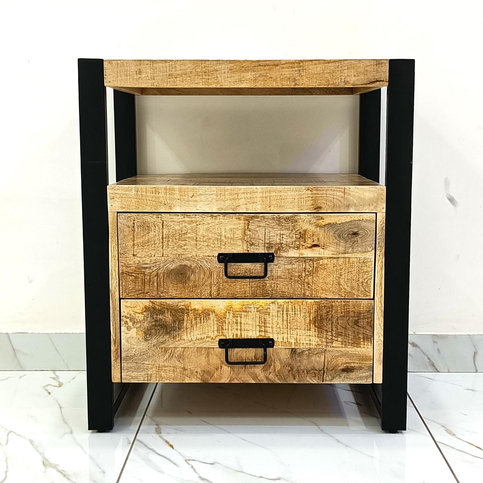 Industrieel Mangohouten Kastje met Stalen Frame – Compact, Stoer &amp; Stijlvol (2 Lades)