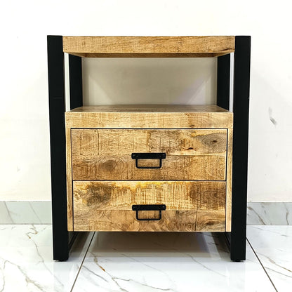 Industrieel Mangohouten Kastje met Stalen Frame – Compact, Stoer &amp; Stijlvol (2 Lades)