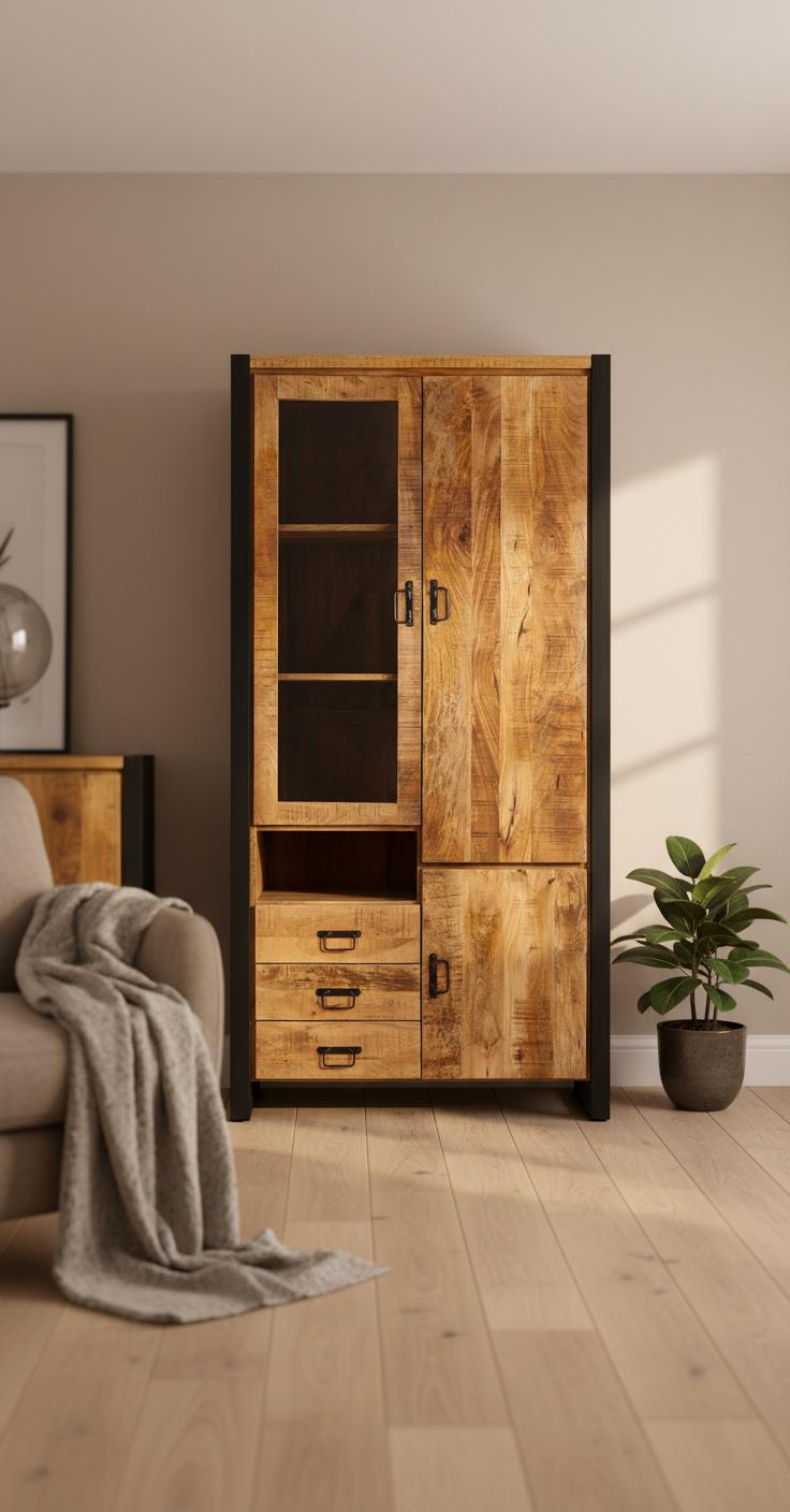 Vitrinekast Britt - Deur links - Mangohout en Staal