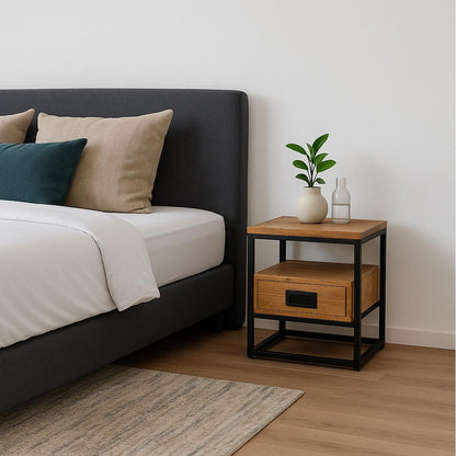 Bijzettafel / Nachtkastje Industrieel Design | Mangohout en Staal | 45x35x50