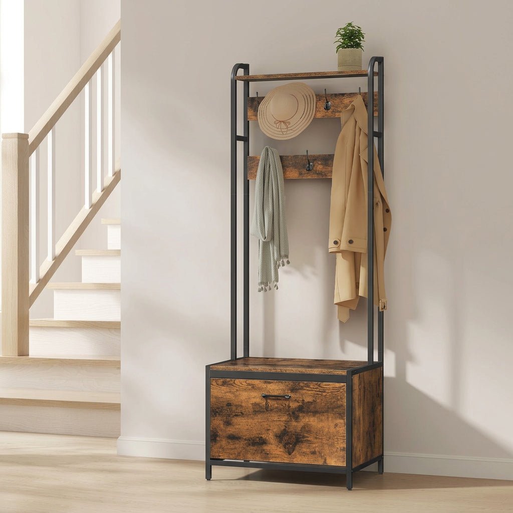 Industriële Kapstok met Schoenenkast en Zitbank – 7 Haken – Bruin/Zwart – 65x40x170 cm