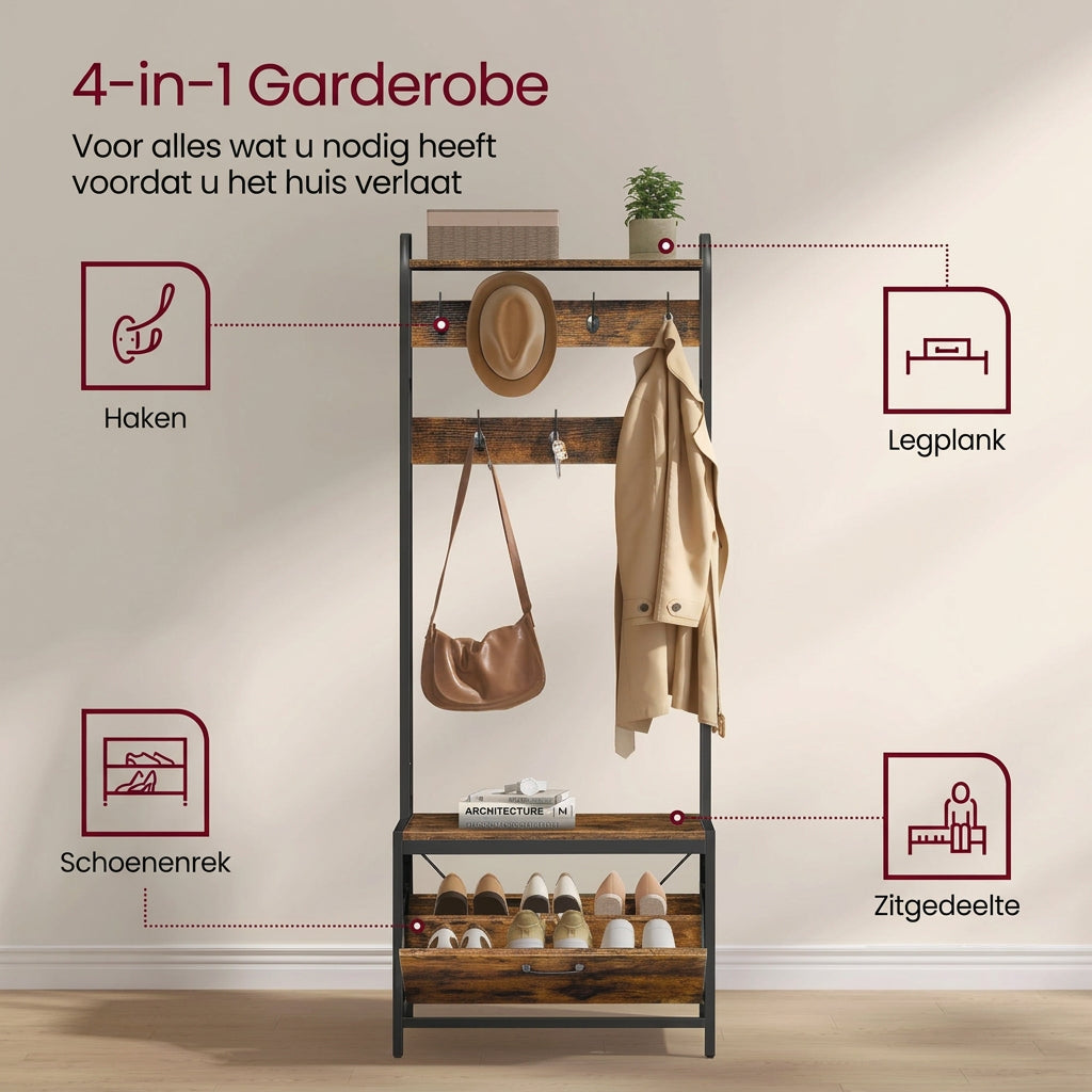 Industriële Kapstok met Schoenenkast en Zitbank – 7 Haken – Bruin/Zwart – 65x40x170 cm
