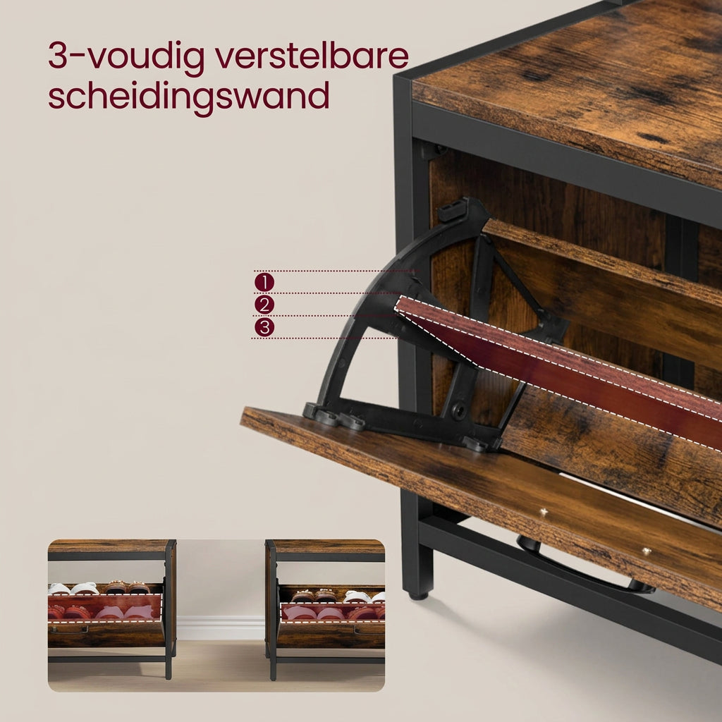 Industriële Kapstok met Schoenenkast en Zitbank – 7 Haken – Bruin/Zwart – 65x40x170 cm