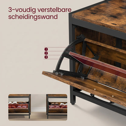 Industriële Kapstok met Schoenenkast en Zitbank – 7 Haken – Bruin/Zwart – 65x40x170 cm