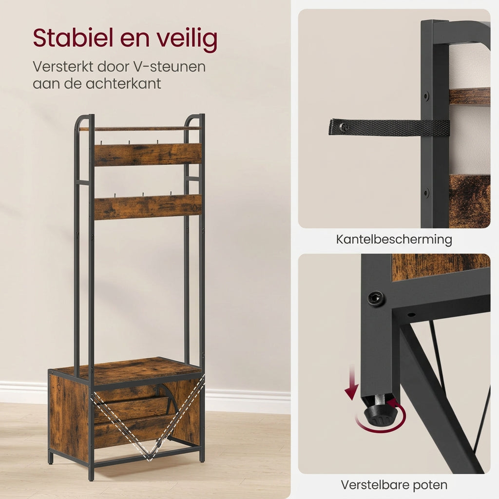 Industriële Kapstok met Schoenenkast en Zitbank – 7 Haken – Bruin/Zwart – 65x40x170 cm