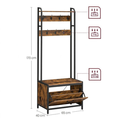 Industriële Kapstok met Schoenenkast en Zitbank – 7 Haken – Bruin/Zwart – 65x40x170 cm