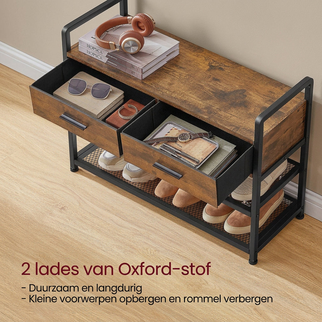 Industriële Kapstok met Schoenenbank, 10 Haken en 2 Opberglades – Vintage Bruin/Zwart