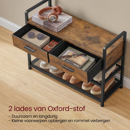 Industriële Kapstok met Schoenenbank, 10 Haken en 2 Opberglades – Vintage Bruin/Zwart