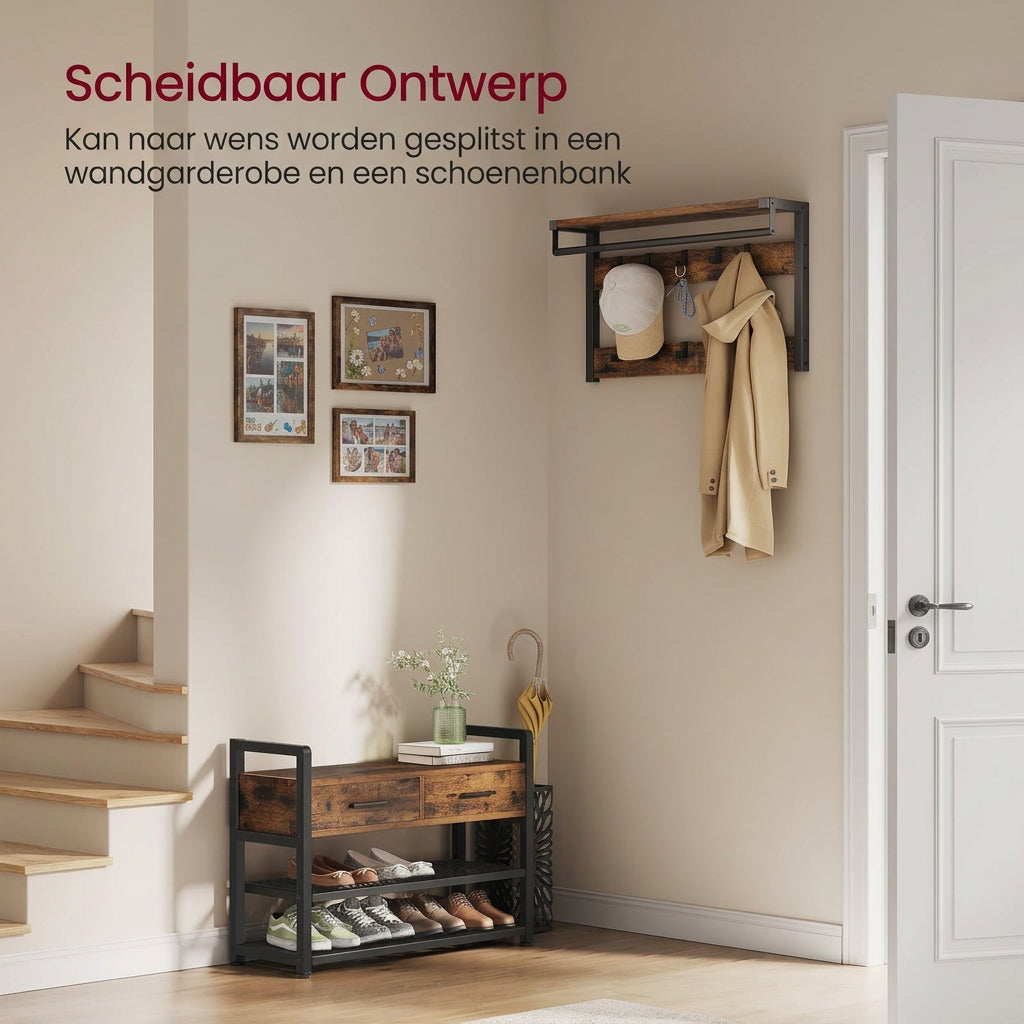 Industriële Kapstok met Schoenenbank, 10 Haken en 2 Opberglades – Vintage Bruin/Zwart