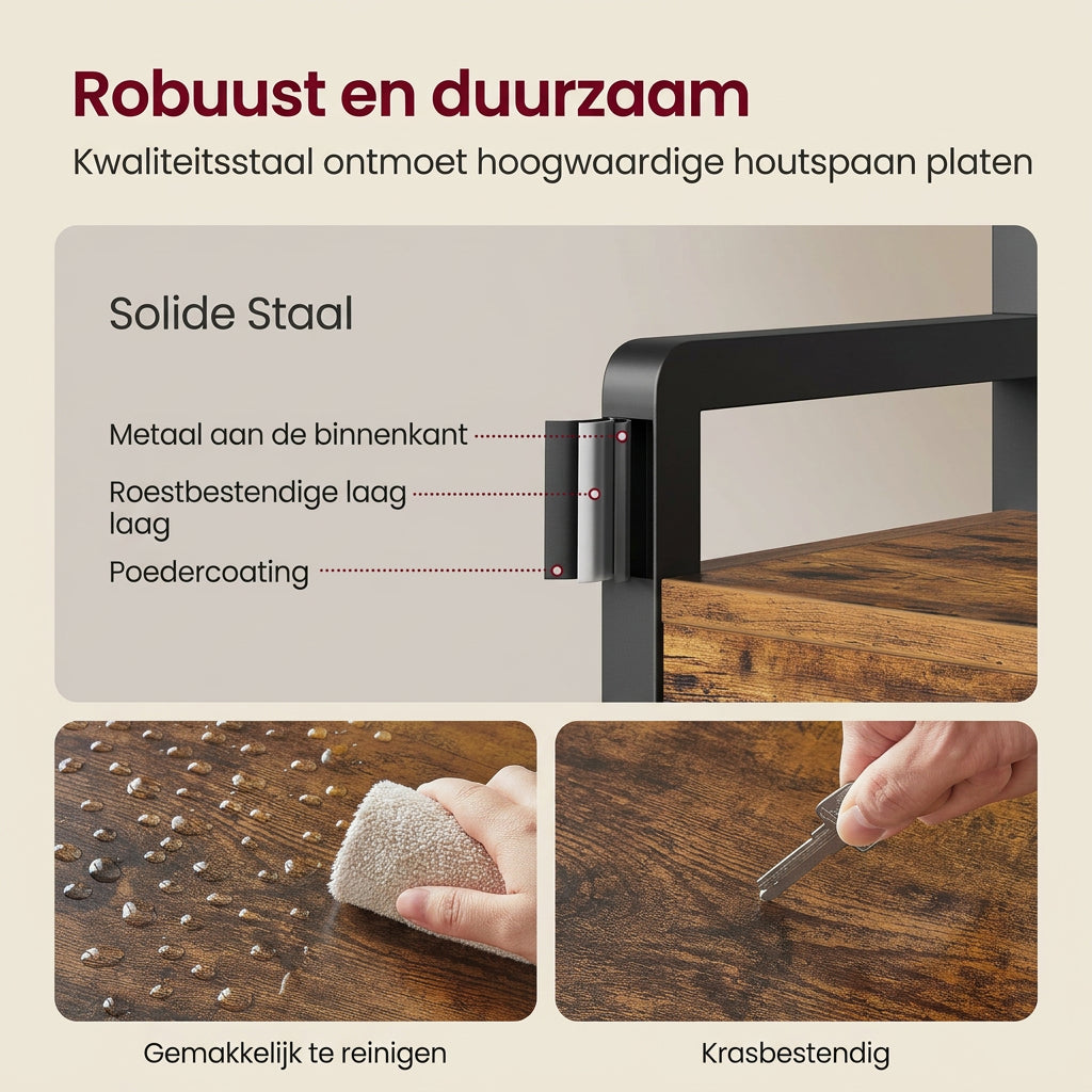 Industriële Kapstok met Schoenenbank, 10 Haken en 2 Opberglades – Vintage Bruin/Zwart