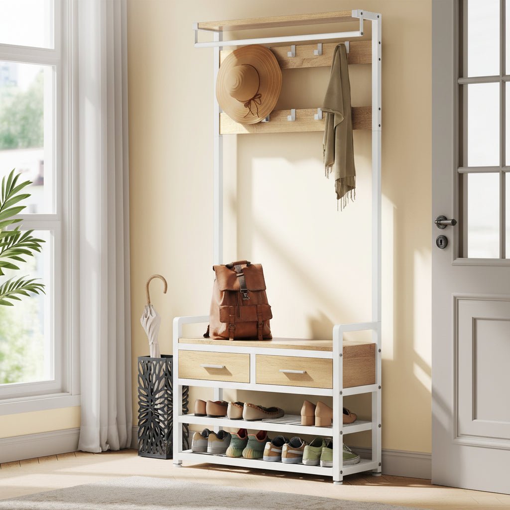 Entree-kapstok met Schoenenbank en 2 Lades – 10 Afneembare Haken, Schoenenrek voor 8 Paar, Opbergplank en Hangstang – Golden Oak & Mat Wit – 30 x 80,5 x 181,5 cm - Industrieelinhuis.nl