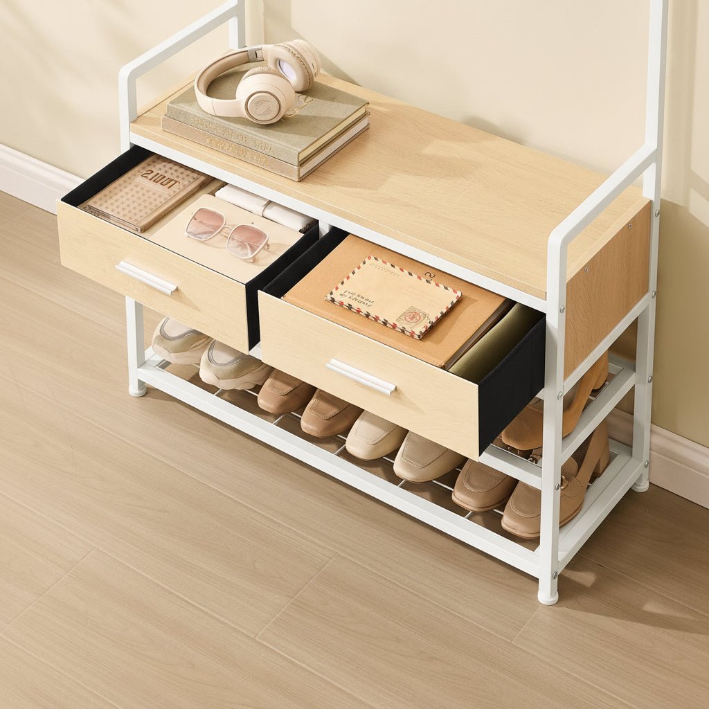 Entree-kapstok met Schoenenbank en 2 Lades – 10 Afneembare Haken, Schoenenrek voor 8 Paar, Opbergplank en Hangstang – Golden Oak &amp; Mat Wit – 30 x 80,5 x 181,5 cm - Industrieelinhuis.nl