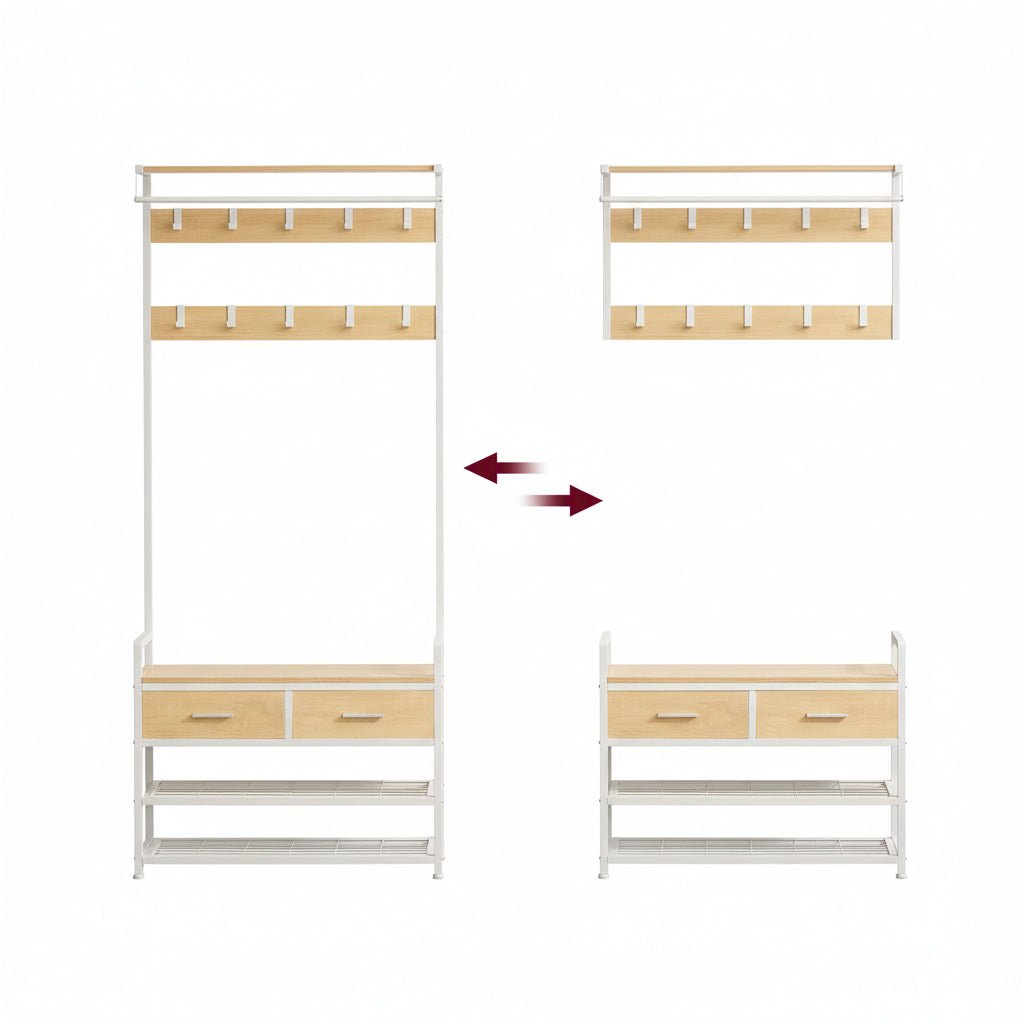 Entree-kapstok met Schoenenbank en 2 Lades – 10 Afneembare Haken, Schoenenrek voor 8 Paar, Opbergplank en Hangstang – Golden Oak &amp; Mat Wit – 30 x 80,5 x 181,5 cm - Industrieelinhuis.nl