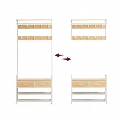 Entree-kapstok met Schoenenbank en 2 Lades – 10 Afneembare Haken, Schoenenrek voor 8 Paar, Opbergplank en Hangstang – Golden Oak &amp; Mat Wit – 30 x 80,5 x 181,5 cm - Industrieelinhuis.nl