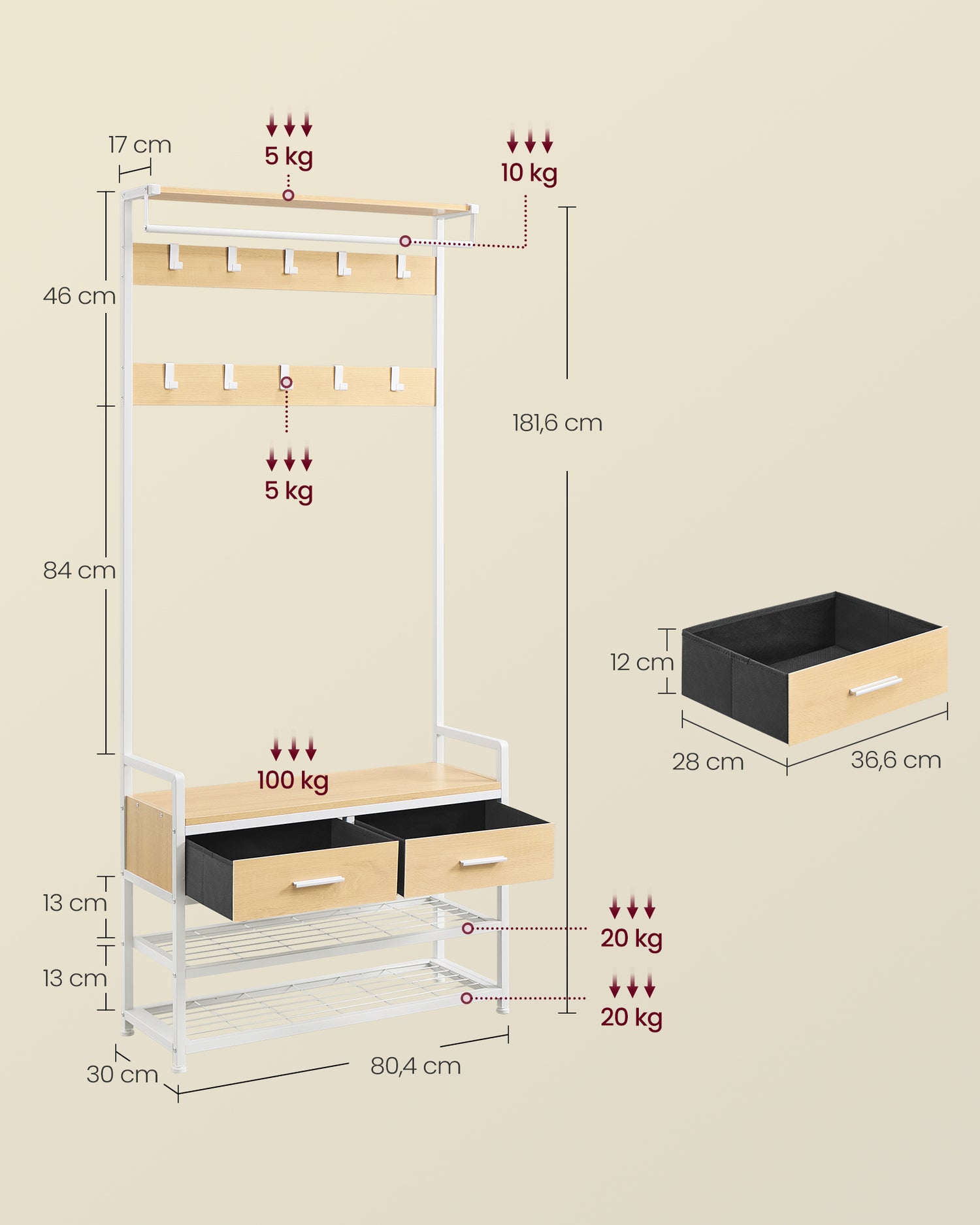 Entree-kapstok met Schoenenbank en 2 Lades – 10 Afneembare Haken, Schoenenrek voor 8 Paar, Opbergplank en Hangstang – Golden Oak &amp; Mat Wit – 30 x 80,5 x 181,5 cm - Industrieelinhuis.nl
