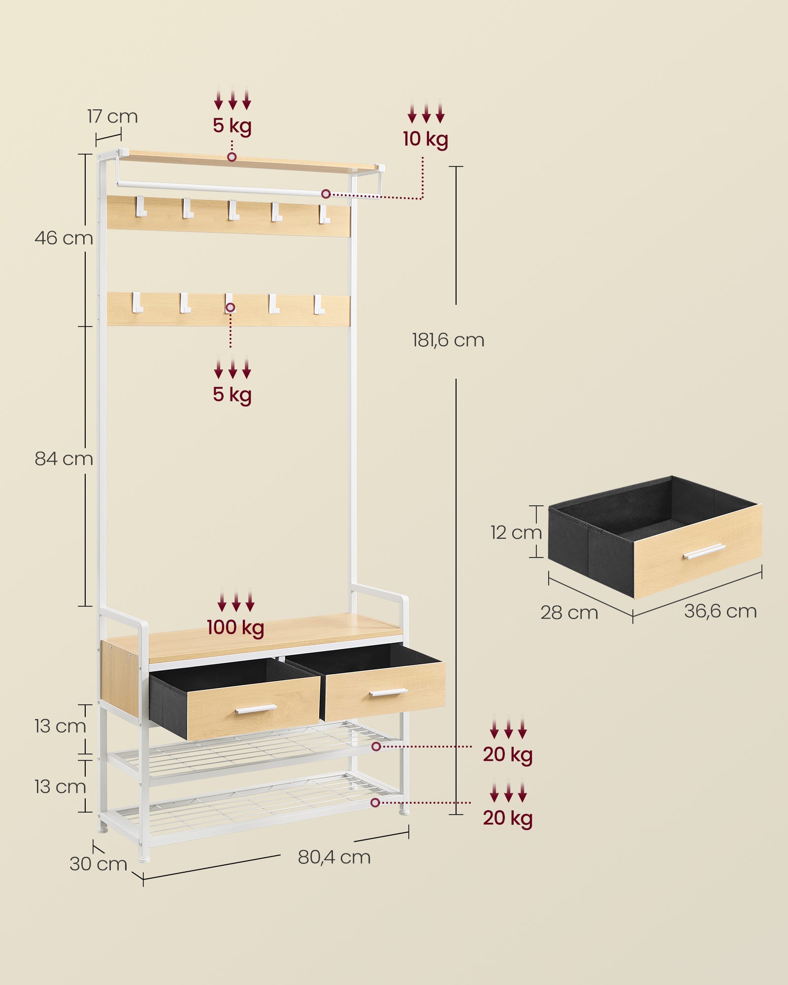 Entree-kapstok met Schoenenbank en 2 Lades – 10 Afneembare Haken, Schoenenrek voor 8 Paar, Opbergplank en Hangstang – Golden Oak &amp; Mat Wit – 30 x 80,5 x 181,5 cm - Industrieelinhuis.nl