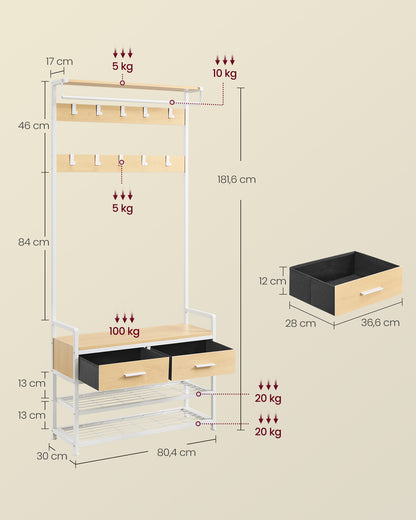 Entree-kapstok met Schoenenbank en 2 Lades – 10 Afneembare Haken, Schoenenrek voor 8 Paar, Opbergplank en Hangstang – Golden Oak &amp; Mat Wit – 30 x 80,5 x 181,5 cm - Industrieelinhuis.nl