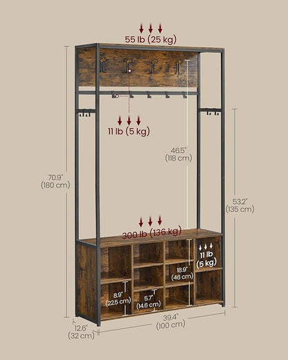 Garderoberek met Bank en Schoenenopslag – Industrieel halmeubel met kapstokhaken, opbergplanken en zitbank in rustiek bruin en zwart staal