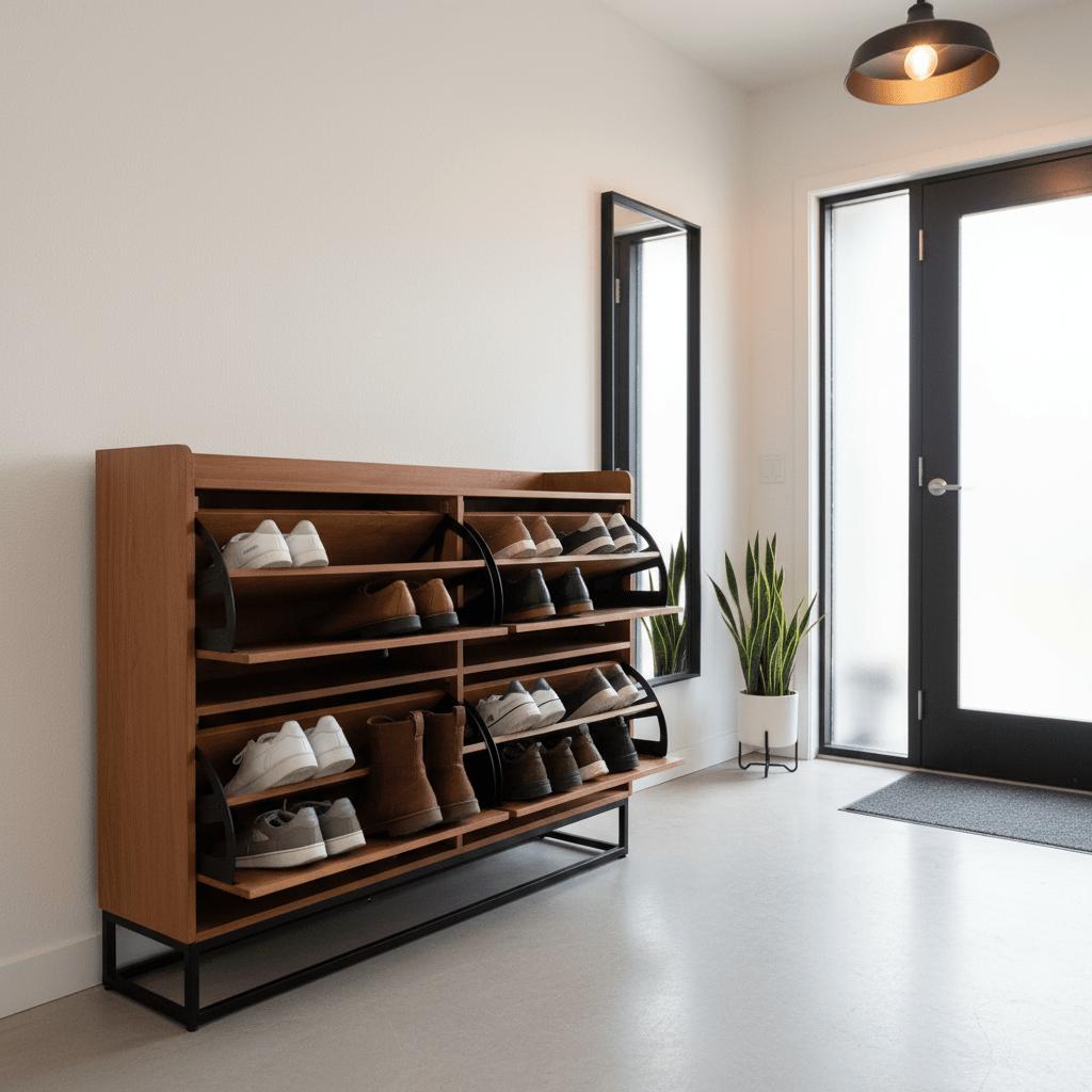 Smalle Schoenenkast van Mangohout en Staal – 140×30×100 cm – 4 Deuren – Duurzaam Industrieel Design - Industrieelinhuis.nl