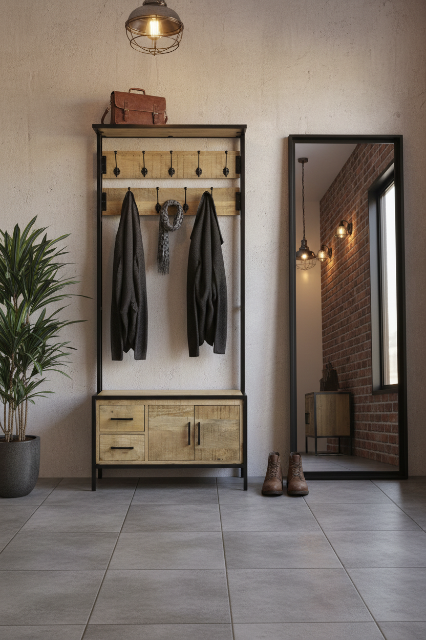 Garderoberek Industrieel Design Naturel | Mangohout en Staal | 80x40x190cm