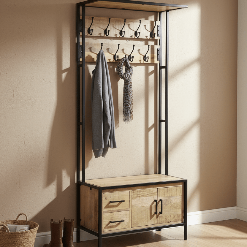 Garderoberek Industrieel Design Naturel | Mangohout en Staal | 80x40x190cm