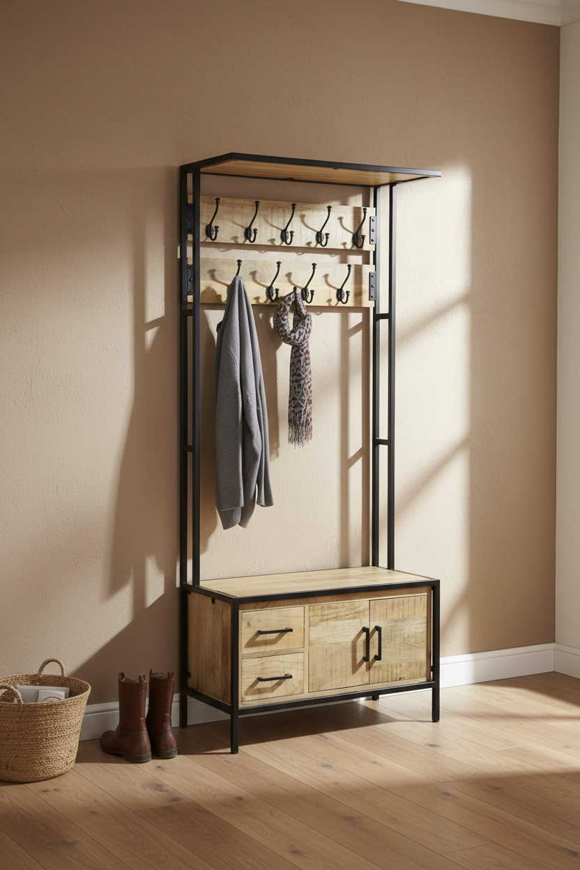 Garderoberek Industrieel Design Naturel | Mangohout en Staal | 80x40x190cm