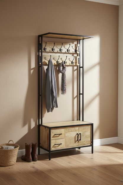 Garderoberek Industrieel Design Naturel | Mangohout en Staal | 80x40x190cm